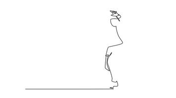 Self drawing animation of single line draw professional female tennis player hitting the ball with forehand method. Athlete practicing her skills and techniques. Continuous line. Full length animated video