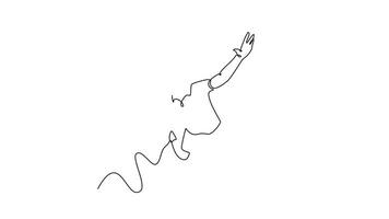 Animated self drawing of continuous line top view professional tennis player jumping and hitting tennis ball with power. Workout, exercise or match, game competition. Full length single line animation video
