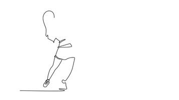 Animated self drawing continuous line draw woman tennis player serves tennis ball on court with precision and power. Perfect fit body, racket skills and uplifted mood. Full length one line animation video