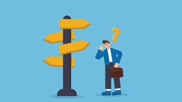 Business decision making, career path, work direction or choose the right way to success concept, confusing businessman looking at multiple road sign with question mark and thinking which way to go vector