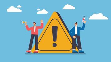 Important announcement, attention or warning information, breaking news or urgent message communication, alert and beware concept, business people announce on megaphone with attention exclamation sign vector