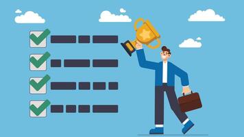 Habits or routine to success, checklist or factors to succeed and achieve goal, winner progress, planning, procedure or process concept, success businessman holding winner trophy with habit checklist vector
