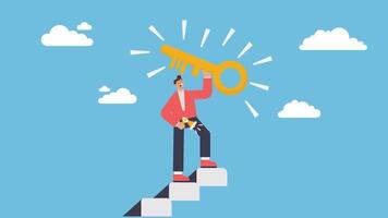 Key to business success, stairway to find secret key or achieve career target concept, businessman winner walk up to top of stairway lifting golden success key to the sky vector