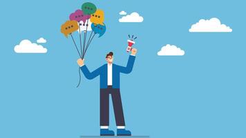 Communication or PR, Public Relations manager to communicate company information and media, announce sales or promotion concept, businessman holding speech bubble balloons while talking on megaphone vector