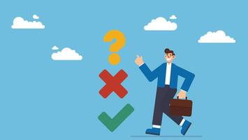Decision making right or wrong, decide or determination to solve problem, solution, choice or choosing pathway, thinking or challenge for result concept, businessman choosing right or wrong decision vector