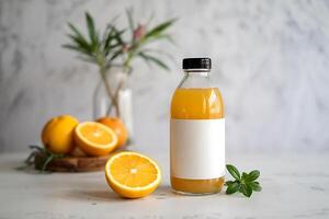 Freshly squeezed orange juice in a bottle with blank label for branding concept photo