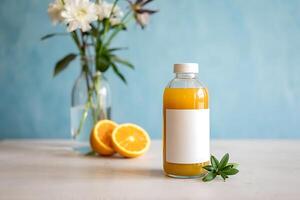 Refreshing orange juice bottle with blank label and halved oranges on table photo