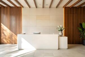 Serene and sophisticated lobby reception area with minimalist design elements photo