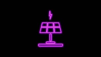 Purple glowing neon line of renewable energy icon, on black background, 4K motion graphics animation, neon effect video