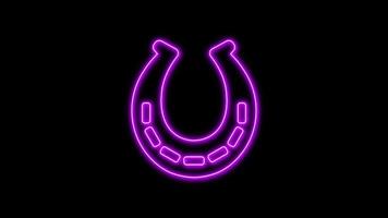 Purple glowing neon line of horseshoe icon, on black background, 4K motion graphics animation, neon effect video