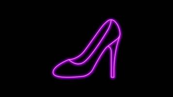 Purple glowing neon line of high heels icon, on black background, 4K motion graphics animation, neon effect video
