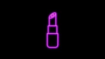 Purple glowing neon line of lipstick icon, on black background, 4K motion graphics animation, neon effect video
