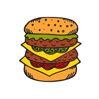 Hand Drawn Hamburger Isolated on White Background. Doodle Bright Colorful Burger. Hamburger Day Sketch Element. Illustration vector