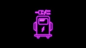 Purple glowing neon line of EV charging icon, on black background, 4K motion graphics animation, neon effect video