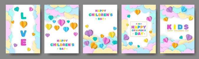 Children's Day Background with Colorful 3D Paper Cut Heart and Clouds and Playful Typography. Bright Template Poster, Banner, Card with Realistic Paper Cloud and Heart. Card in Childish Style for Kids vector