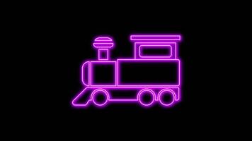 Purple glowing neon line of train icon, on black background, 4K motion graphics animation, neon effect video