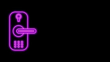Purple glowing neon line of digital lock icon, on black background, 4K motion graphics animation, neon effect video