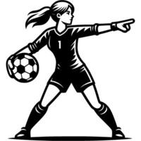 Sport emblem of girl goalkeeper points to teammates by throwing ball out of penalty area with hand in monochrome. Engraving minimalistic image in black ink drawing on white background vector