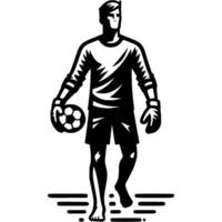 Tattoo emblem of beach soccer goalkeeper confidently catches ball and carries it to put it into play in monochrome. Engraving minimalistic image in black ink drawing on white background vector