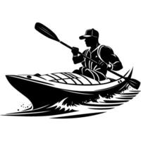 Sketchy engraving emblem of kayaker athlete sails through waves in a boat with a two handed paddle A in monochrome. Engraving minimalistic image in black ink drawing on white background vector