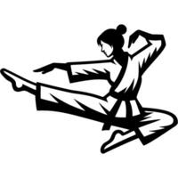 Sport emblem of female karateka performs a forward kick in mid flight in monochrome. Engraving minimalistic image in black ink drawing on white background vector