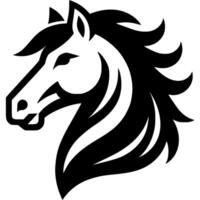 Tattoo emblem of horse head with mane close up side view in monochrome. Engraving minimalistic image in black ink drawing on white background vector
