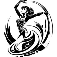Tattoo emblem of charming dancer of the musical show in monochrome. Engraving minimalistic image in black ink drawing on white background vector