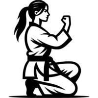 Sport emblem of karateka athlete girl performs demonstration movements on tatami in monochrome. Engraving minimalistic image in black ink drawing on white background vector