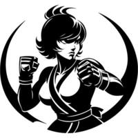 Tattoo emblem of karate girl closeup stands in a defensive stance with a threatening look in monochrome. Engraving minimalistic image in black ink drawing on white background vector