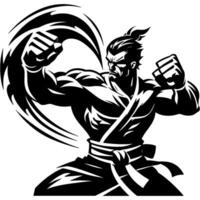 Tattoo emblem of fighter delivers final crushing blow with an uppercut from below in monochrome. Engraving minimalistic image in black ink drawing on white background vector