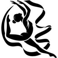 Sport emblem of girl gymnast performs exercises with a gymnastic silk ribbon in monochrome. Engraving minimalistic image in black ink drawing on white background vector