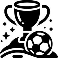 Emblem of soccer ball and winner cup icon in monochrome. Engraving minimalistic image in black ink drawing on white background vector