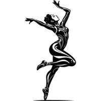 Ballerina woman in a black and white outfit is dancing in monochrome. Engraving minimalistic image in black ink drawing on white background vector
