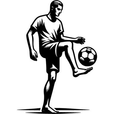 Tattoo emblem of professional soccer player on sand warming up with ball before game start in monochrome. Engraving minimalistic image in black ink drawing on white background