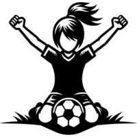 Sport emblem of girl soccer player raised her hands up, rejoicing at goal she scored in monochrome. Engraving minimalistic image in black ink drawing on white background vector