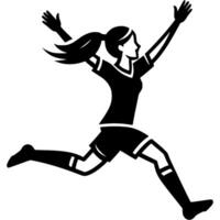 Sport emblem of female soccer player runs happily with her hands raised up after scoring goal in monochrome. Engraving minimalistic image in black ink drawing on white background vector