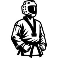Sport emblem of closeup of athlete in taekwondo kimono and protective helmet in monochrome. Engraving minimalistic image in black ink drawing on white background vector