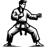 Sport emblem of karate fighter prepared for battle in monochrome. Engraving minimalistic image in black ink drawing on white background vector