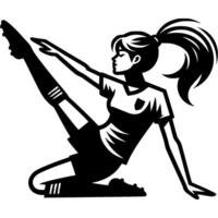 Sport emblem of girl football player of youth team doing warm up stretching before training in monochrome. Engraving minimalistic image in black ink drawing on white background vector