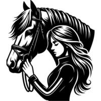 Tattoo emblem of girl jockey putting bridle and harness on young stallion in monochrome. Engraving minimalistic image in black ink drawing on white background vector