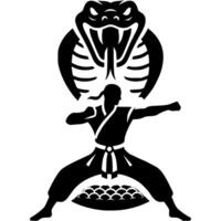 Sport emblem of kung fu fighter in cobra snake style stance in monochrome. Engraving minimalistic image in black ink drawing on white background vector
