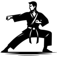 Sport emblem of karateka athlete dressed in a kimono stands in a fighting stance in monochrome. Engraving minimalistic image in black ink drawing on white background vector