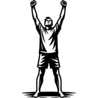 Tattoo emblem of beach soccer player throws his hands up in victory in monochrome. Engraving minimalistic image in black ink drawing on white background vector