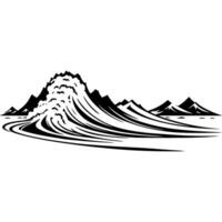 Sketchy engraving emblem of tidal wave on a desert island in monochrome. Engraving minimalistic image in black ink drawing on white background vector