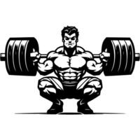 Sketchy engraving emblem of monstrous bodybuilder with huge muscles squats with giant barbell on shoulders in monochrome. Engraving minimalistic image in black ink drawing on white background vector