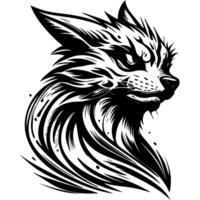 Tattoo emblem of crazy wild cat with wild eyes and ruffled fur ready to attack in monochrome. Engraving minimalistic image in black ink drawing on white background vector