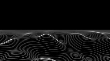 Visual white wavy line on black motion background. Turbulent wave lines background. Wave, distorted, neon, futuristic, white wave on a black background. monochrome space. geometric wave. seamless loop video