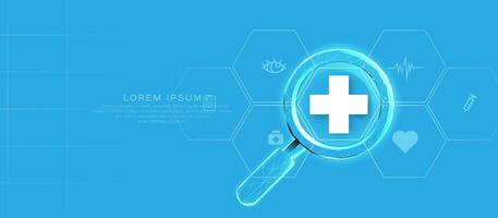 Digital Medical Search Interface with Healthcare Icons and Magnifying Glass vector