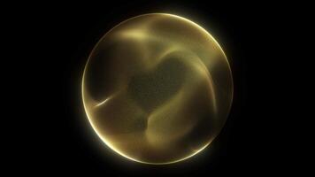 Golden yellow shimmering energy sphere of glowing liquid particles and magic plasma on dark background. Luxury digital sci fi futuristic orb screensaver for business. 4k 60 fps looped minimal graphic video