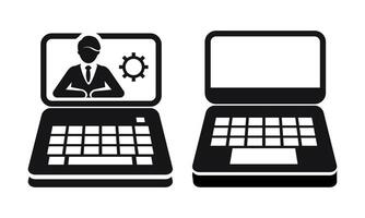 Laptop Icon with Businessman Silhouette and Gear Symbol on Screen vector